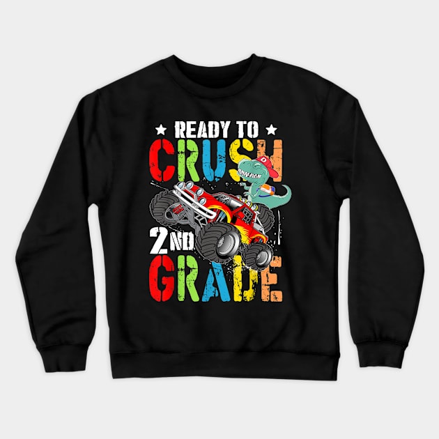 2nd Grade Dinosaur Monster Truck Back to School Boy Crewneck Sweatshirt by FONSbually